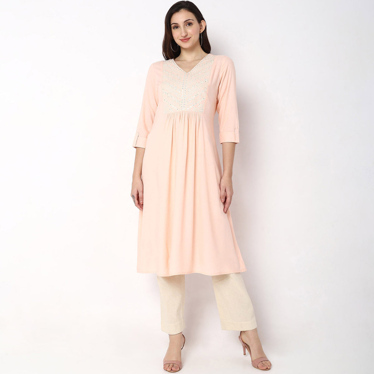 Women Wearing Flare Fit Embellished Kurta