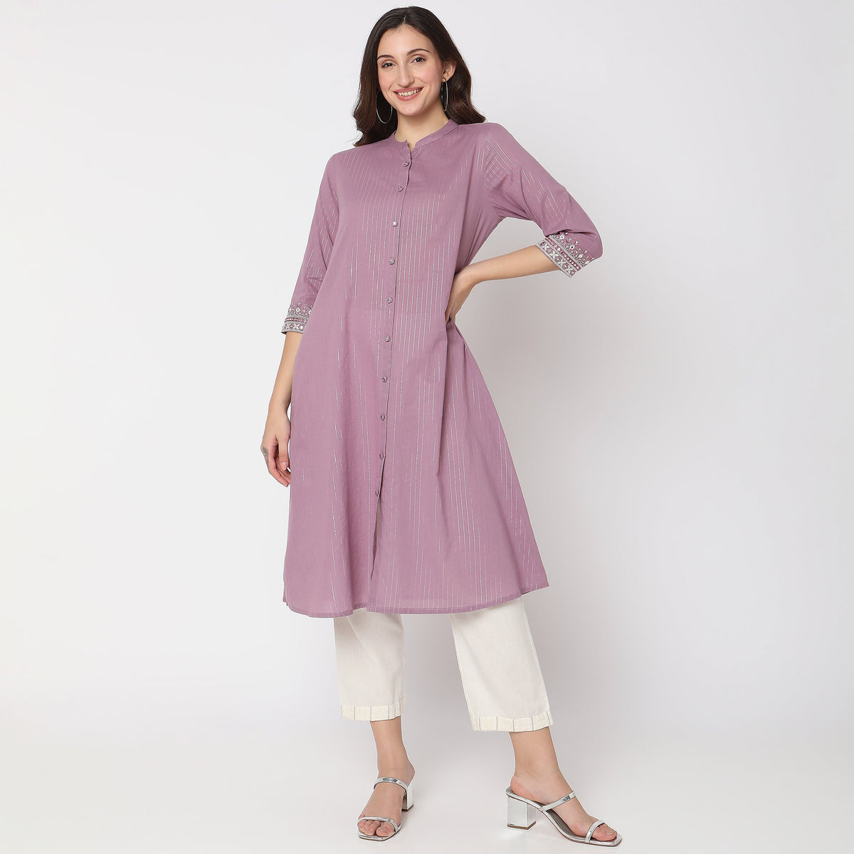 Women Wearing Flare Fit Embellished Kurta