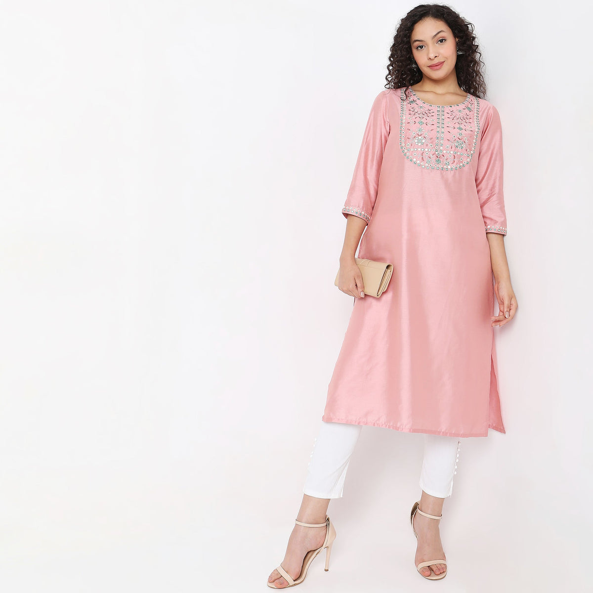 Women Wearing Flare Fit Embroidered Kurta