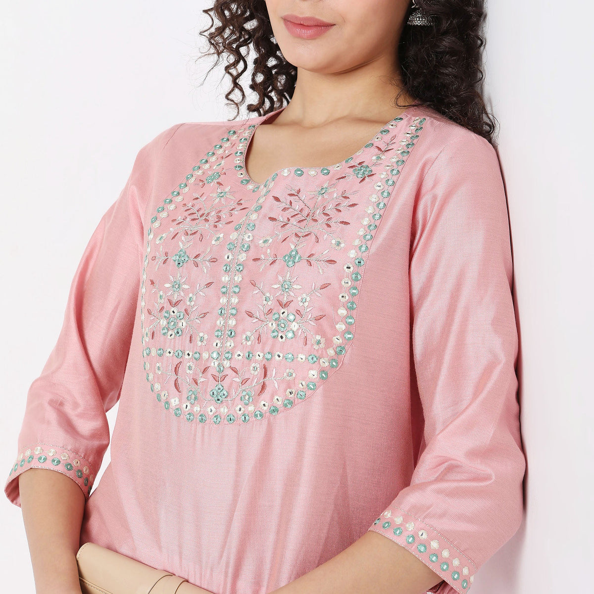 Women Wearing Flare Fit Embroidered Kurta