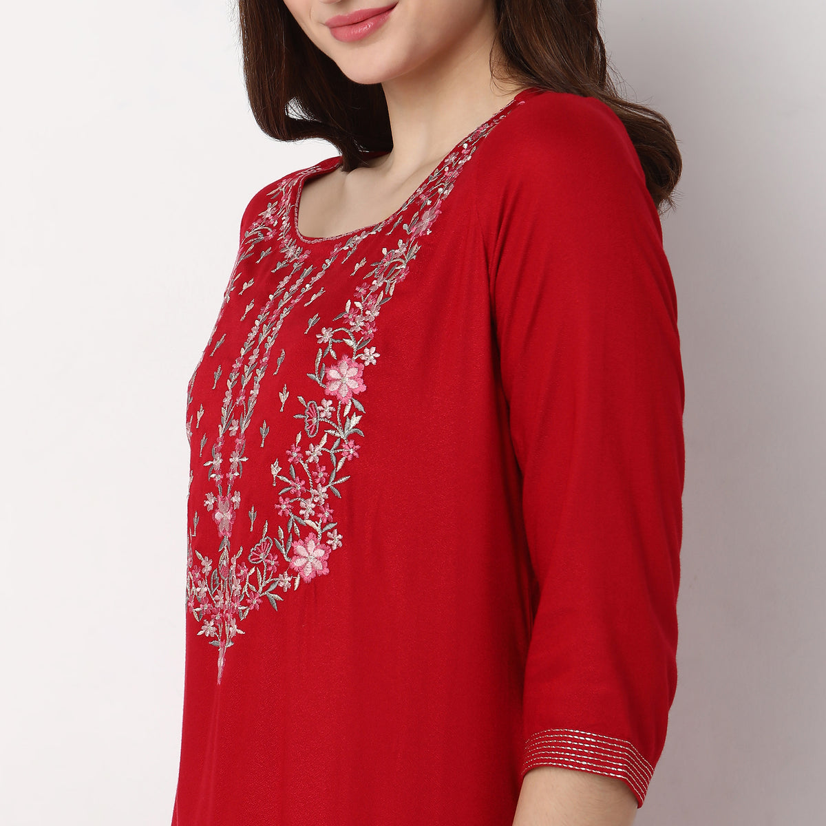 Women Wearing Straight Fit Embroidered Kurta