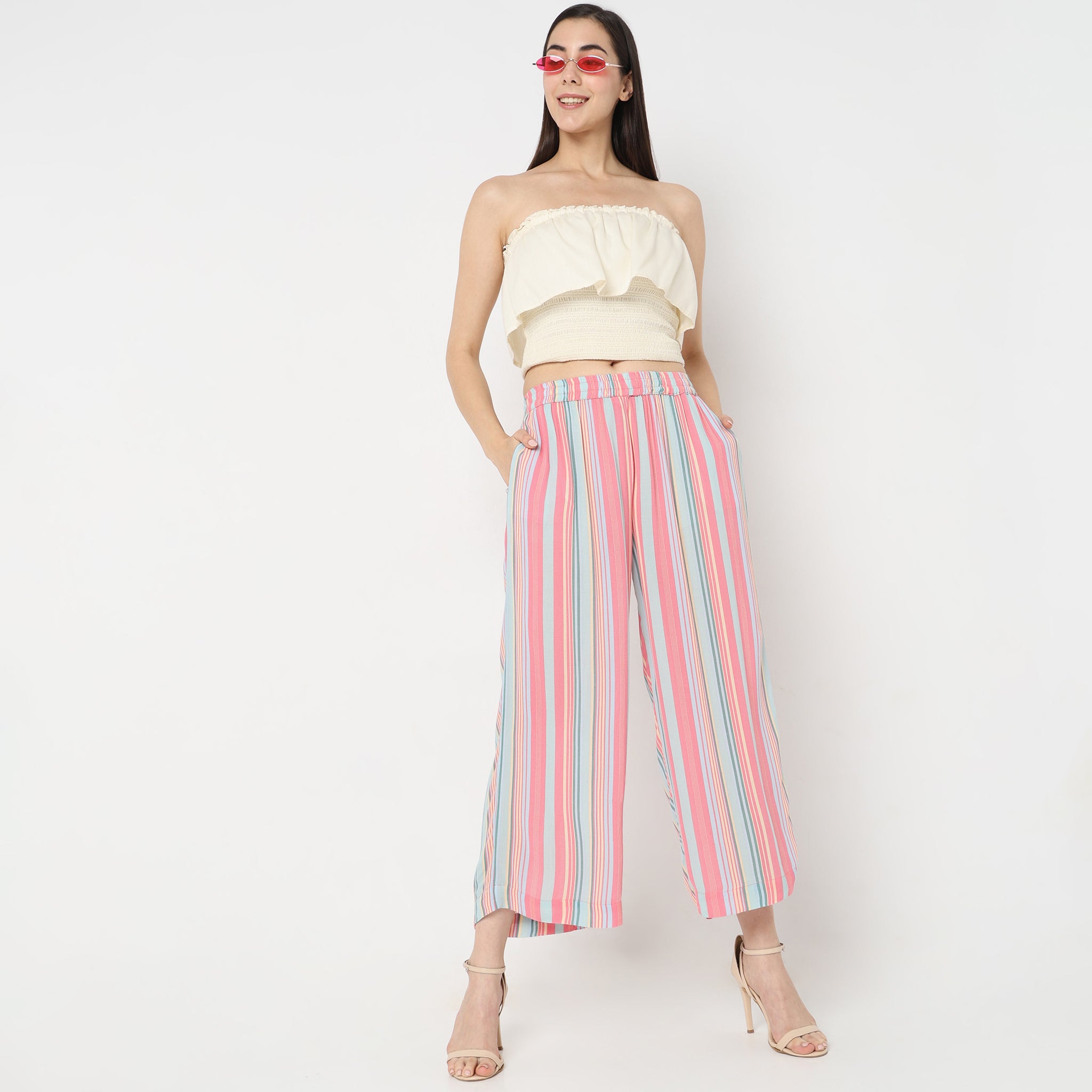 Straight Fit Striped Mid Rise Palazzos