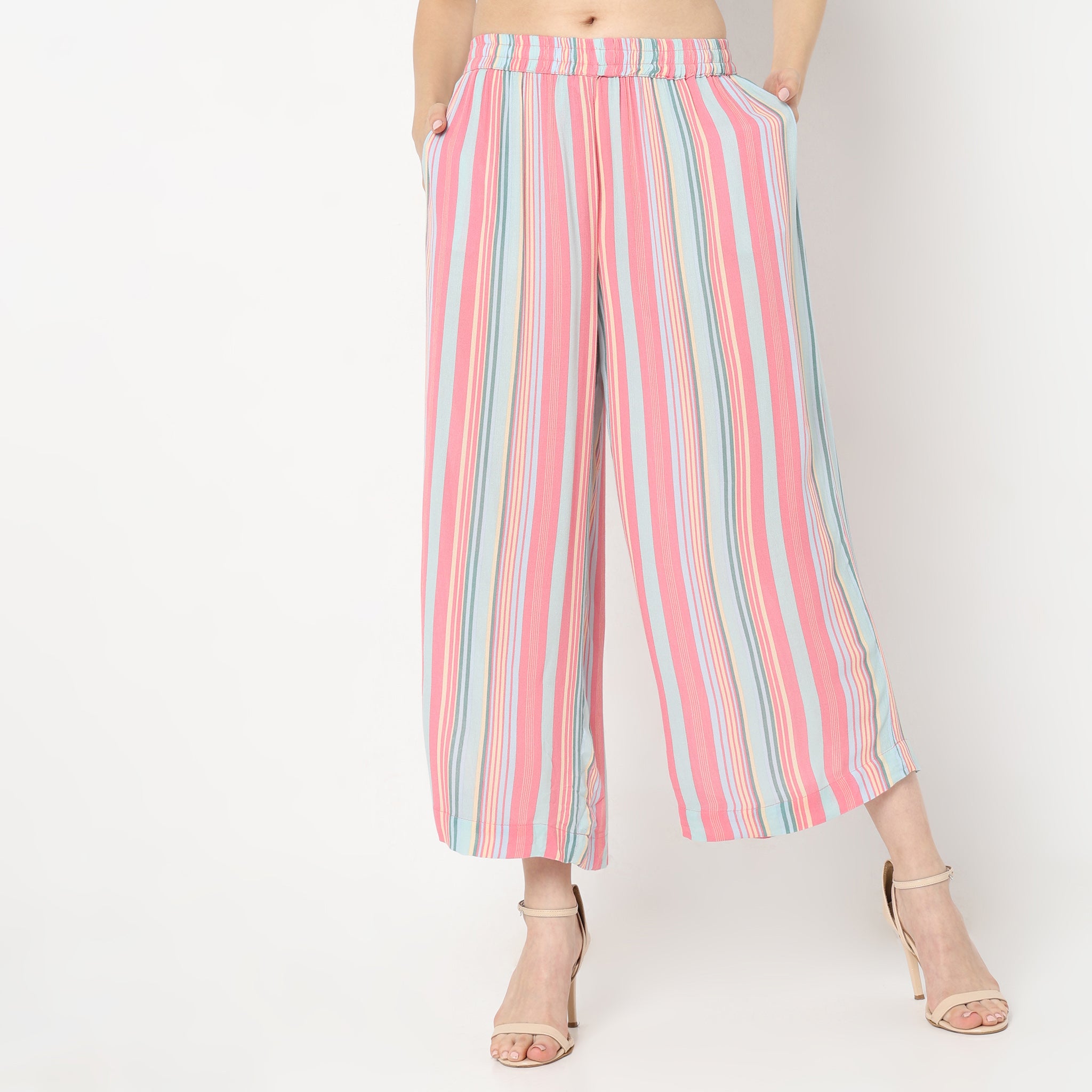 Straight Fit Striped Mid Rise Palazzos