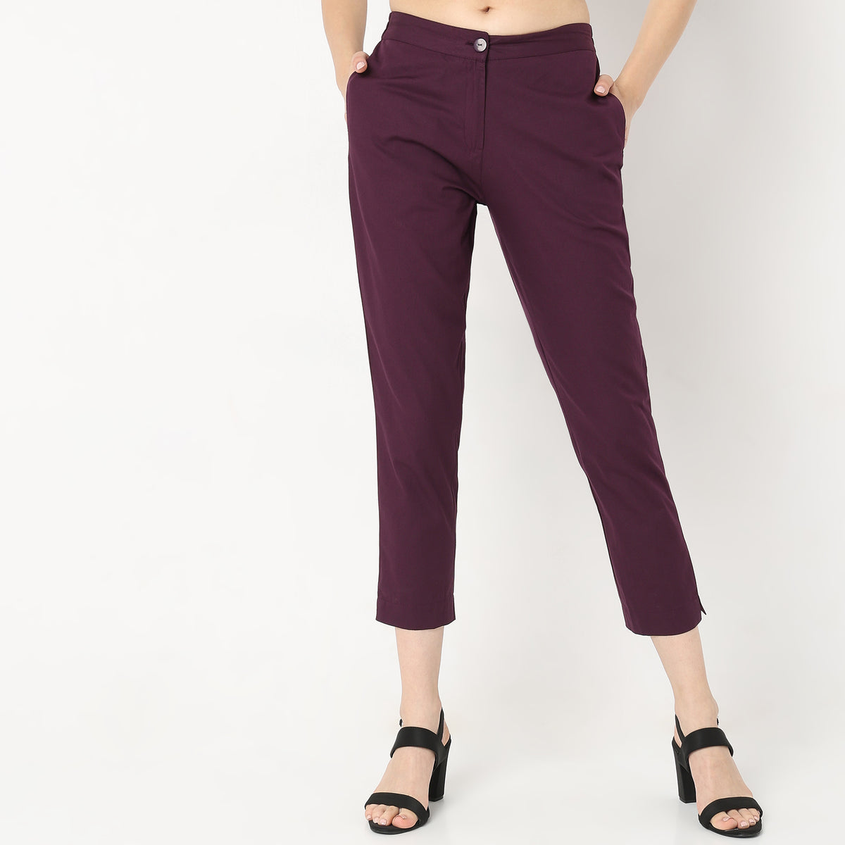 Slim Fit Solid Mid Rise Pants