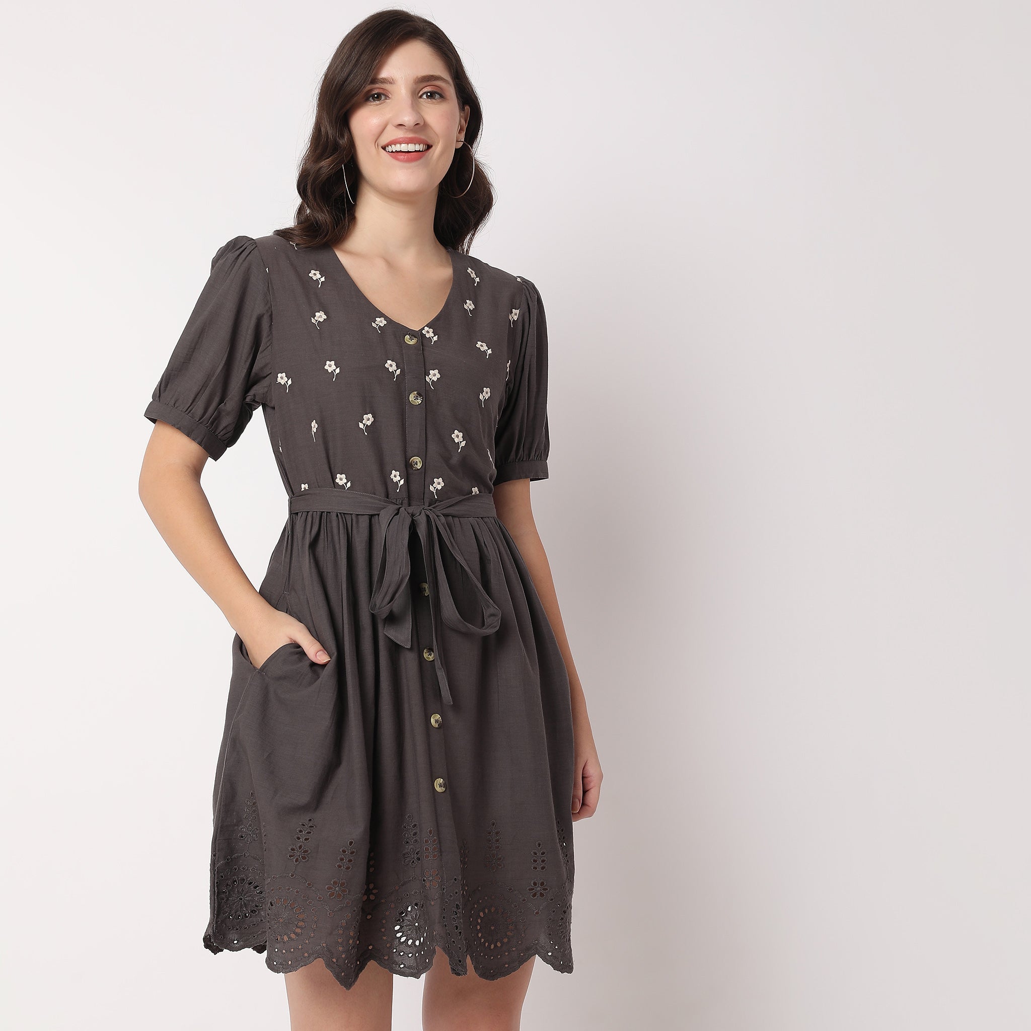 Women Wearing Flare Fit Embroidered Dress