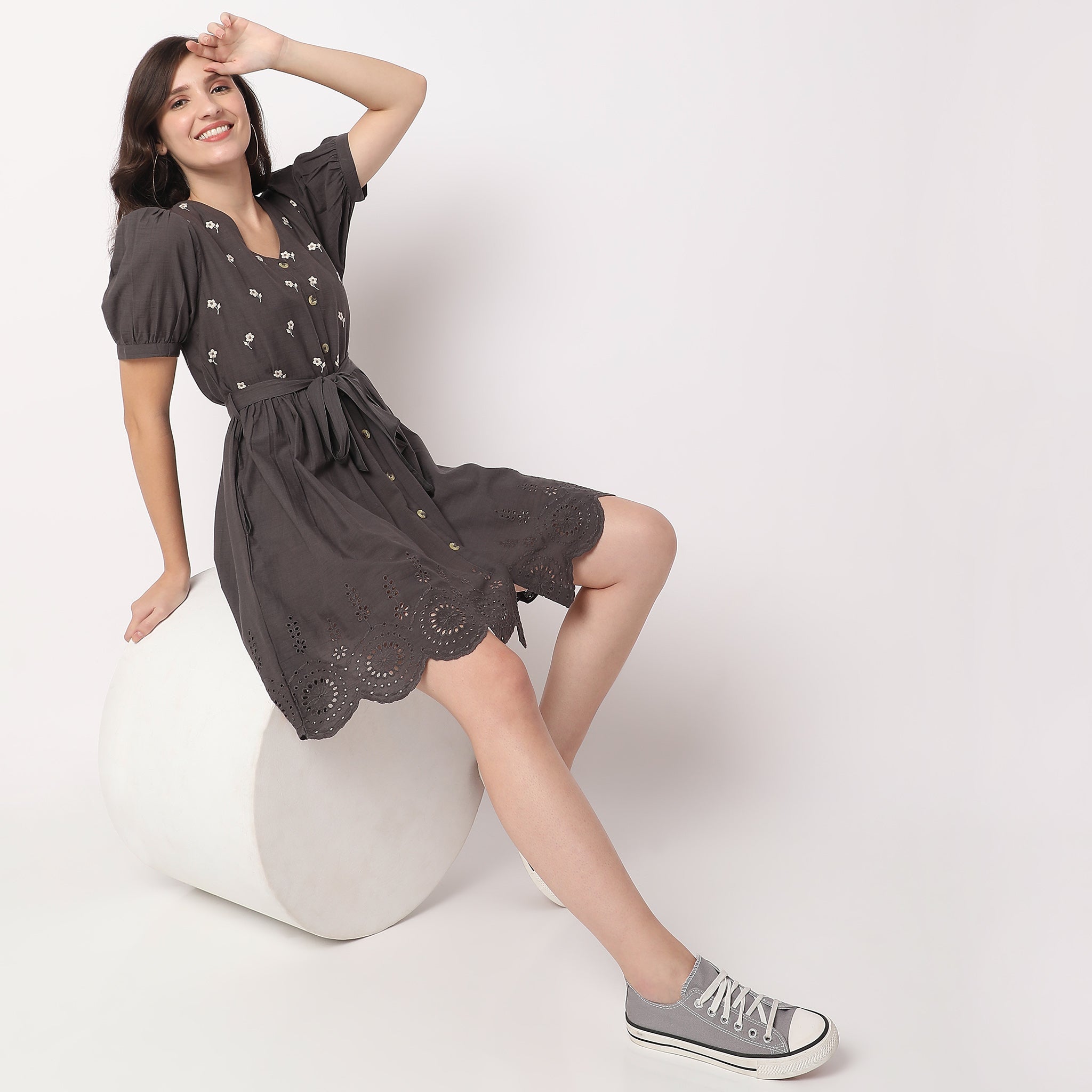 Women Wearing Flare Fit Embroidered Dress