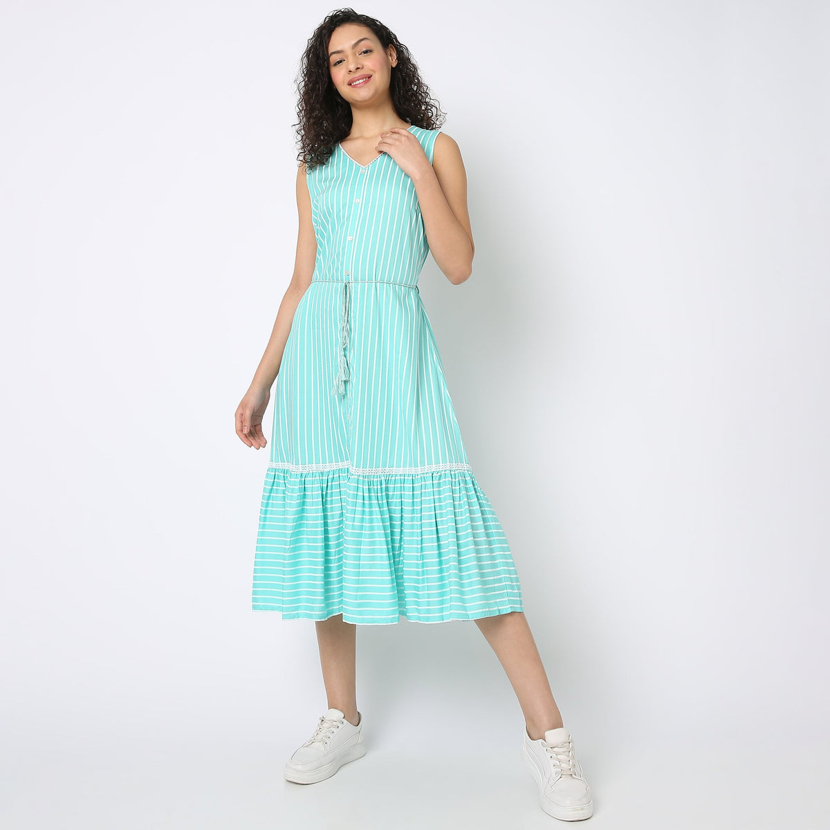 Women Wearing Flare Fit Striped Dress