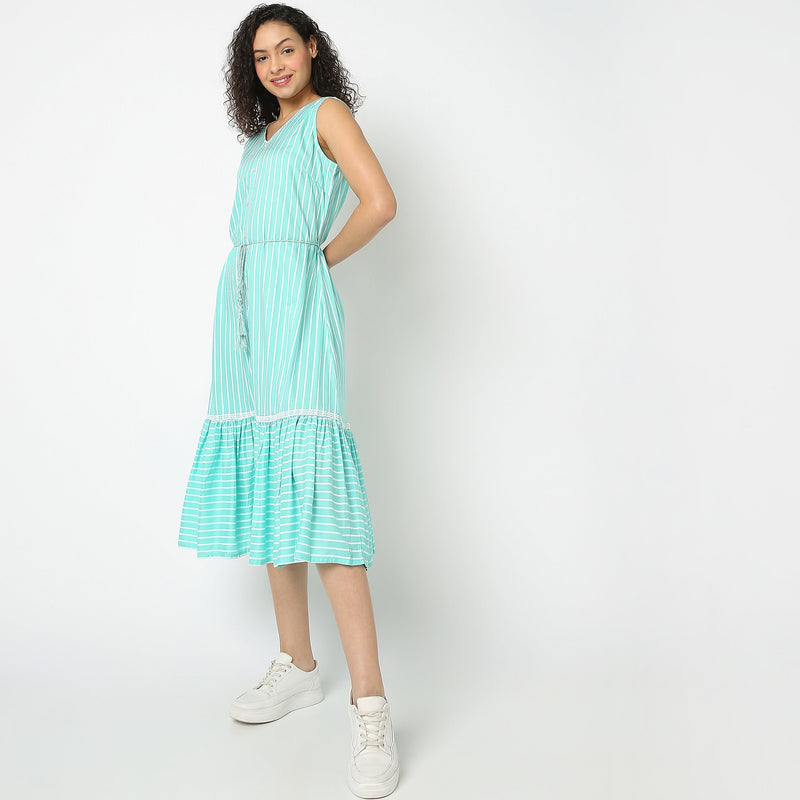 Women Wearing Flare Fit Striped Dress