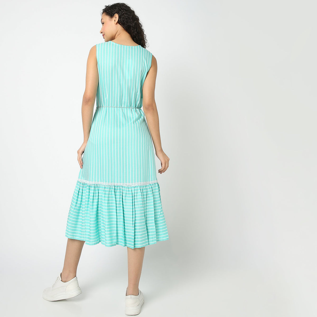 Women Wearing Flare Fit Striped Dress