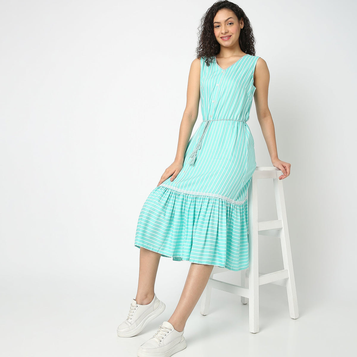 Women Wearing Flare Fit Striped Dress