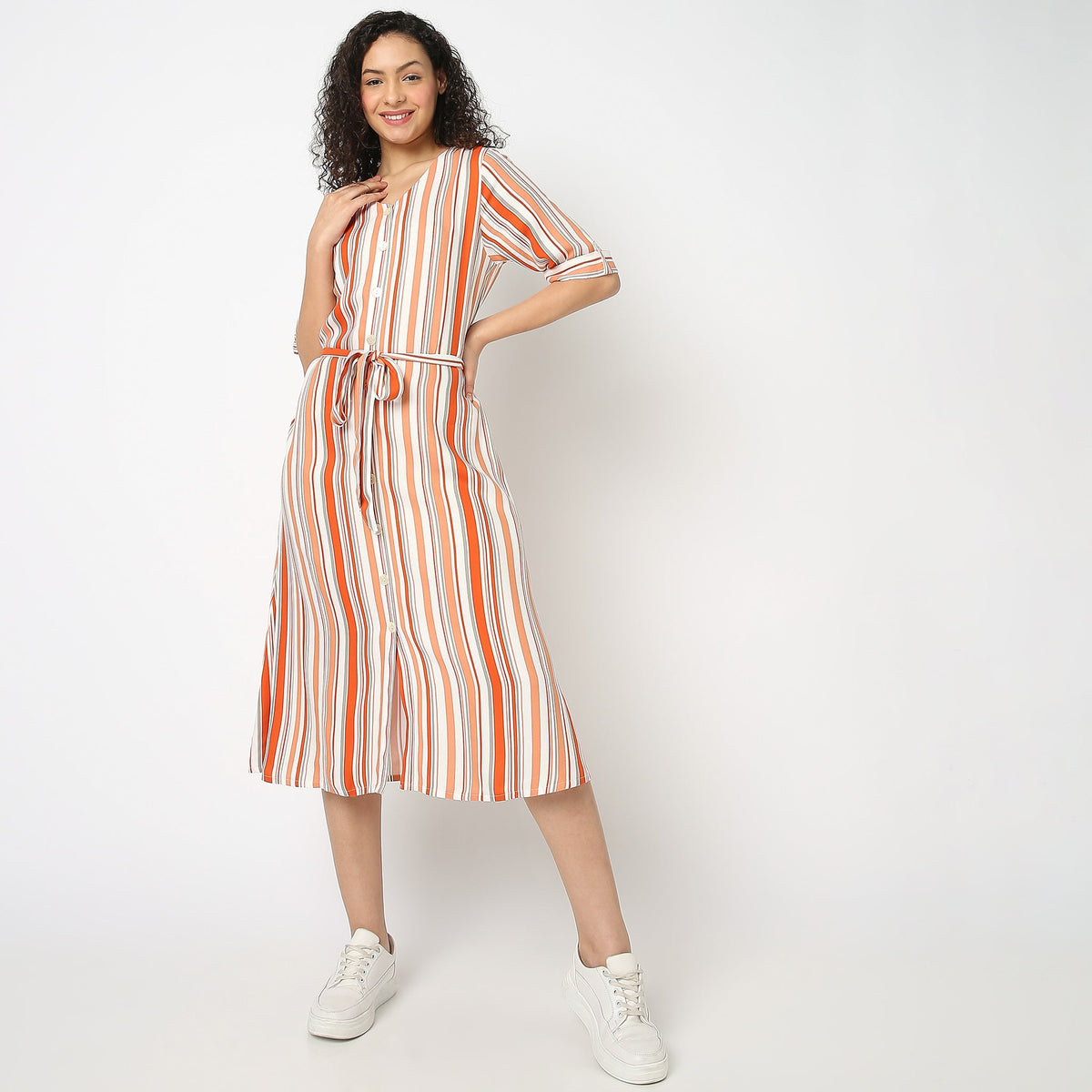 Women Wearing Flare Fit Striped Dress