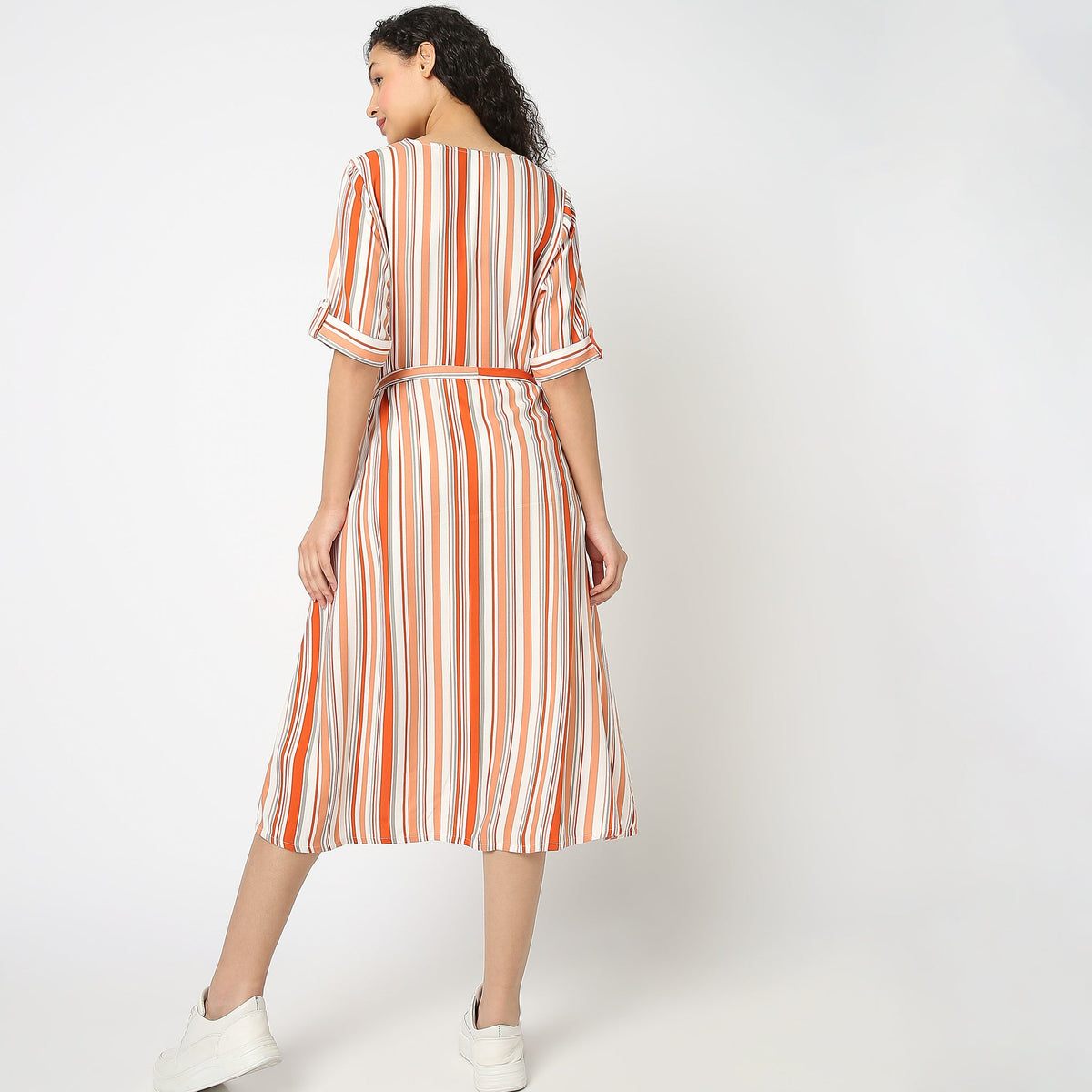 Women Wearing Flare Fit Striped Dress