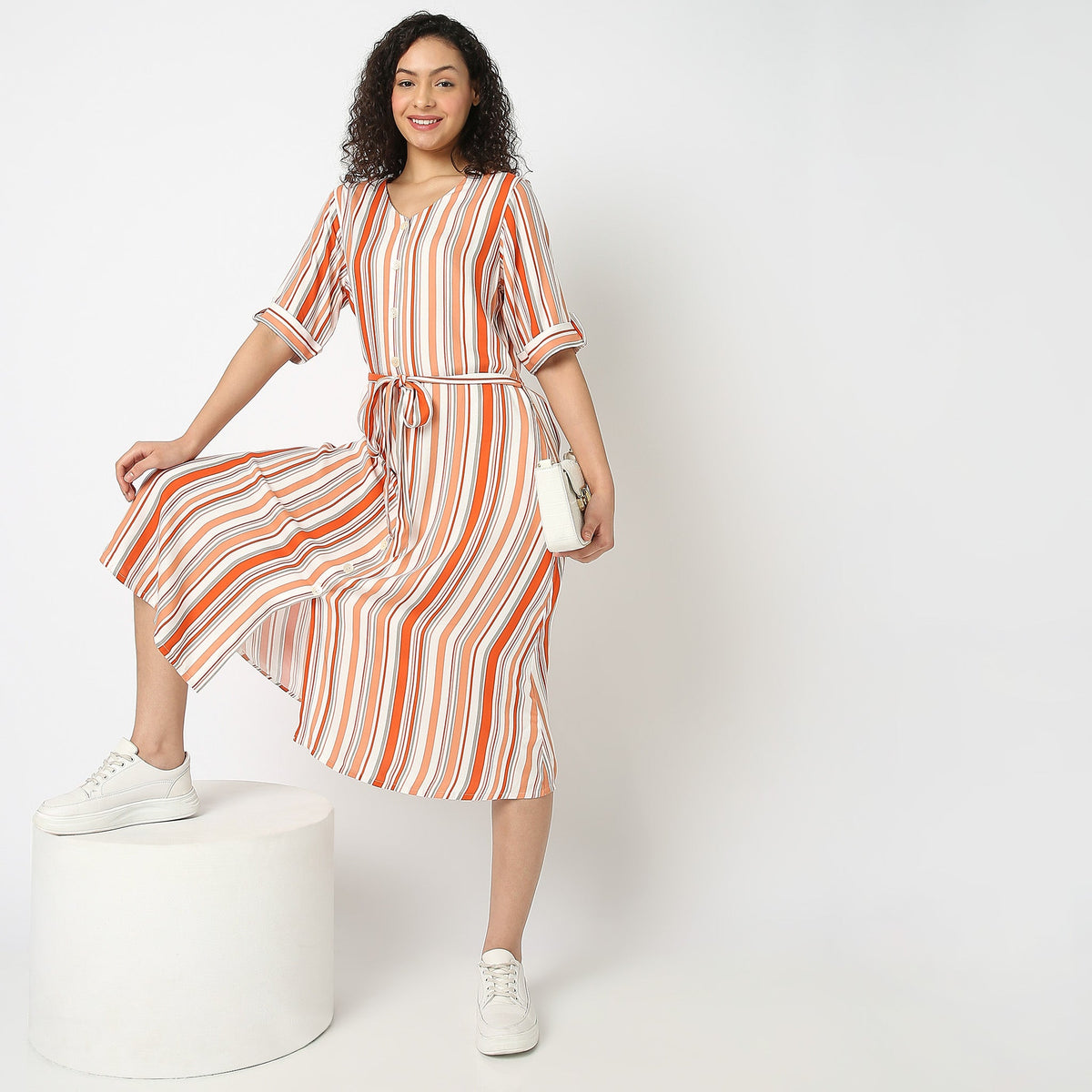 Women Wearing Flare Fit Striped Dress