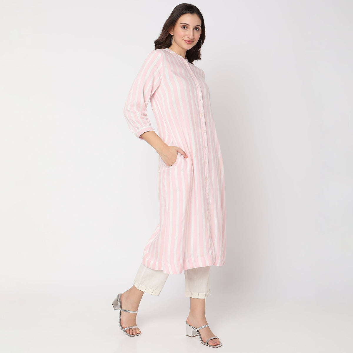 Women Wearing Flare Fit Striped Kurta