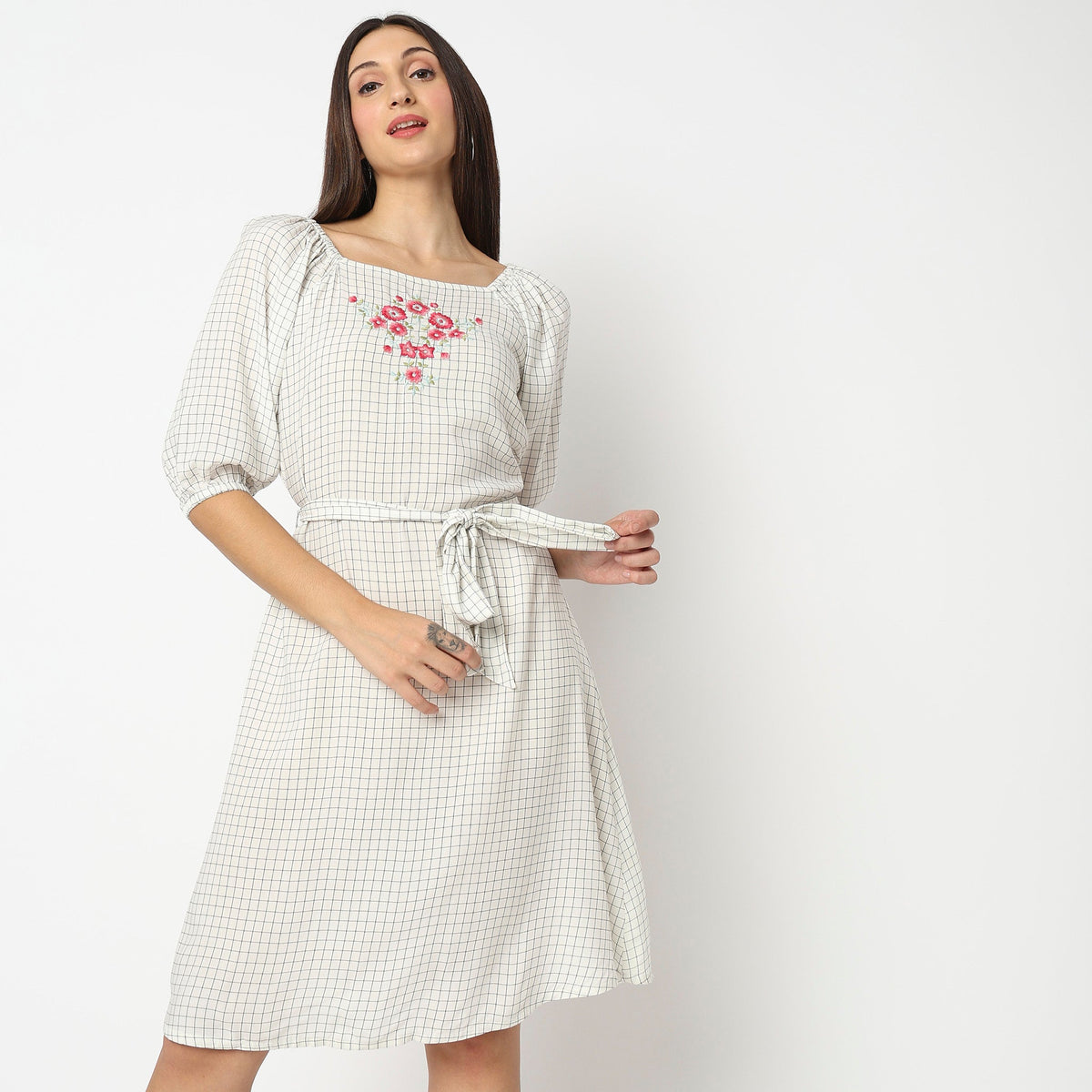 Women Wearing Flare Fit Checkered Dress