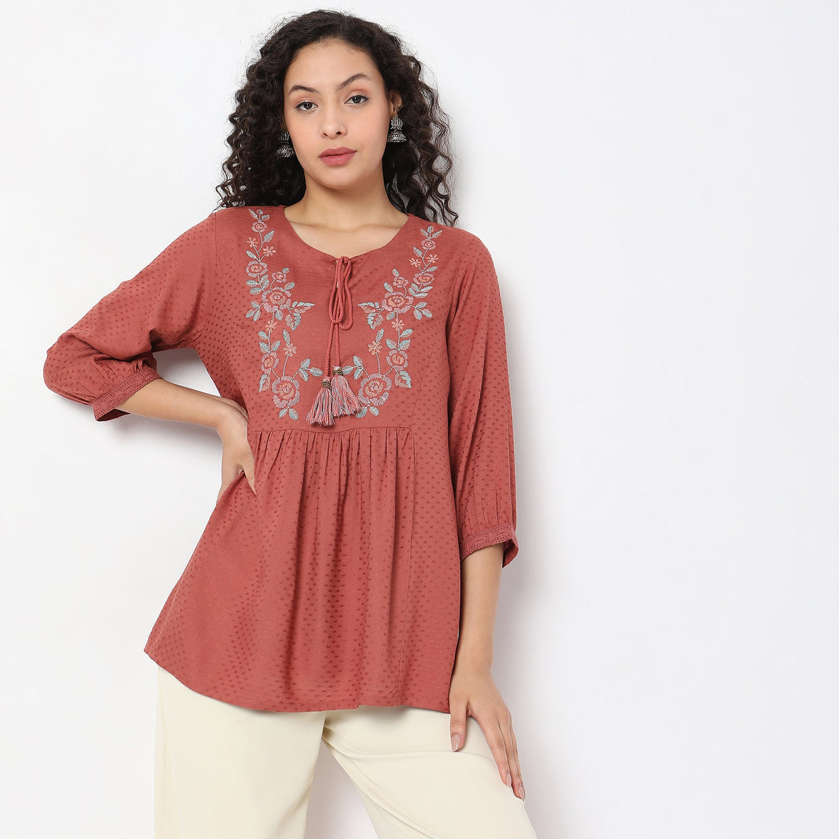 Women Wearing Flare Fit Solid Top