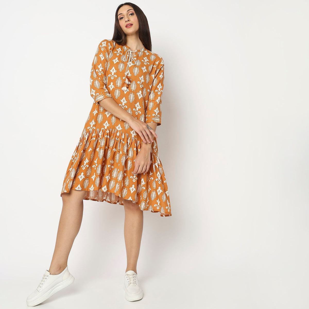 Women Wearing Flare Fit Printed Dress