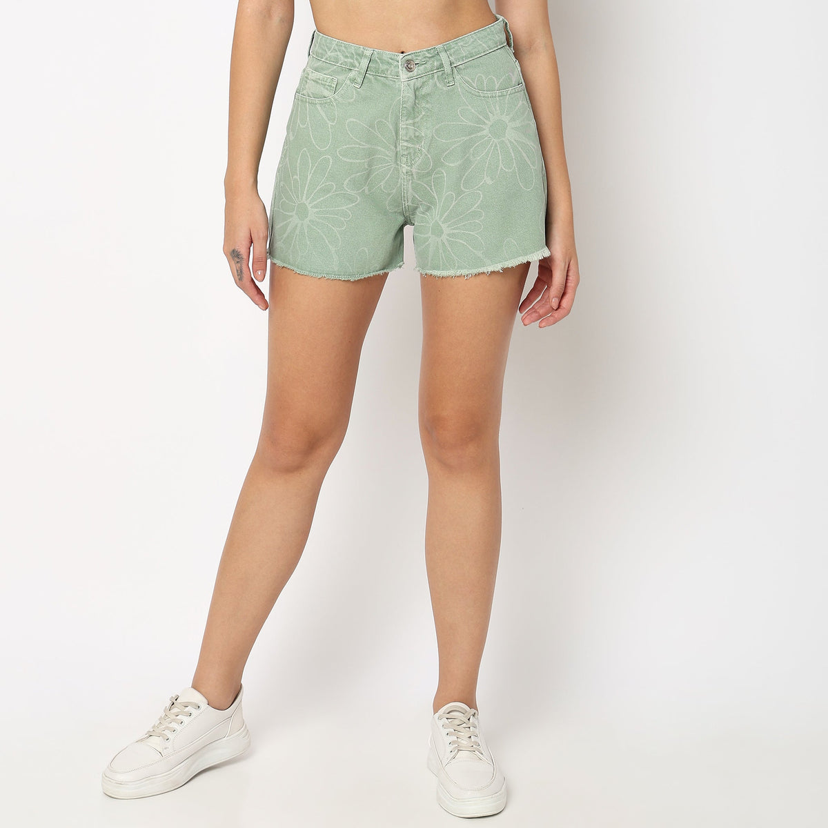 Women Wearing Regular Fit Printed High Rise Short