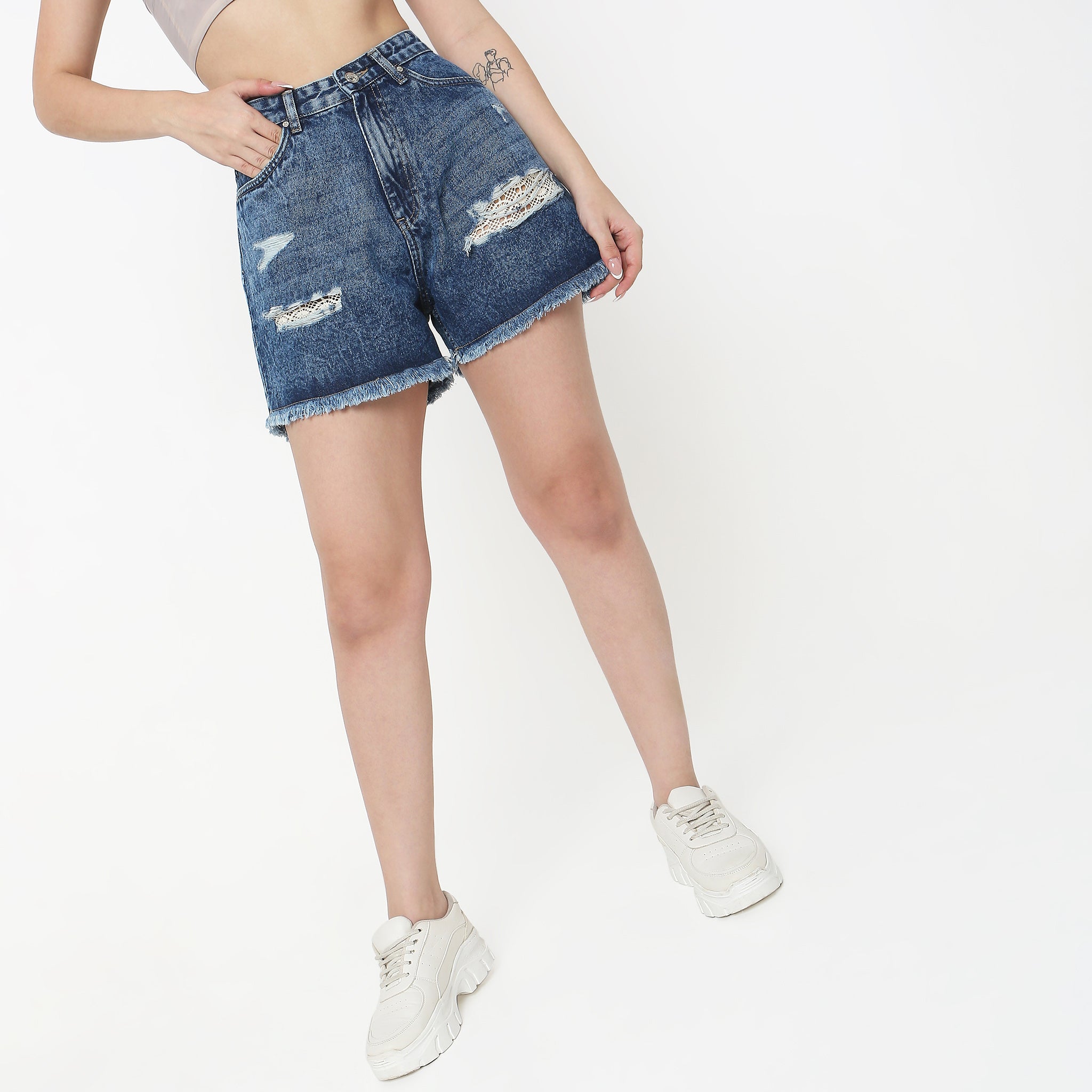 Regular Fit Solid High Rise Shorts