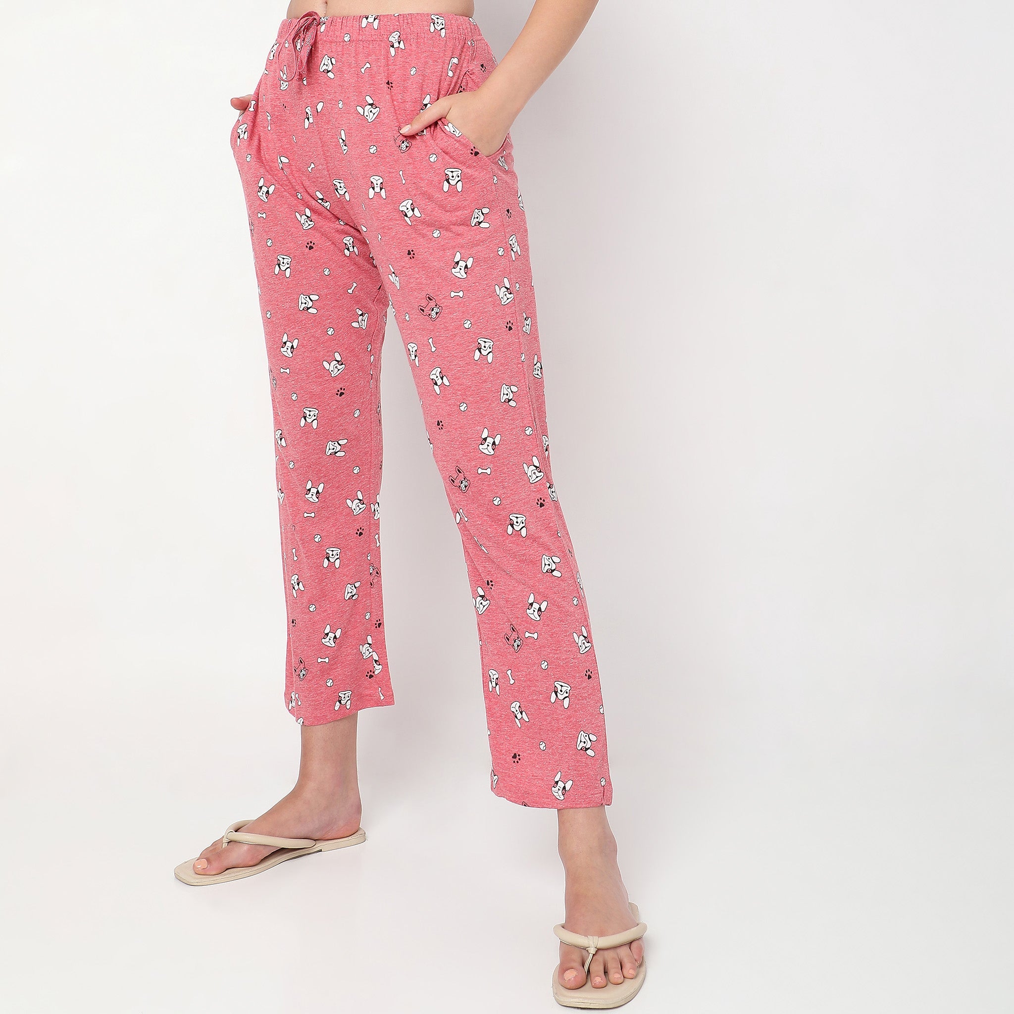 Women Wearing Regular Fit Printed Mid Rise Pyjama