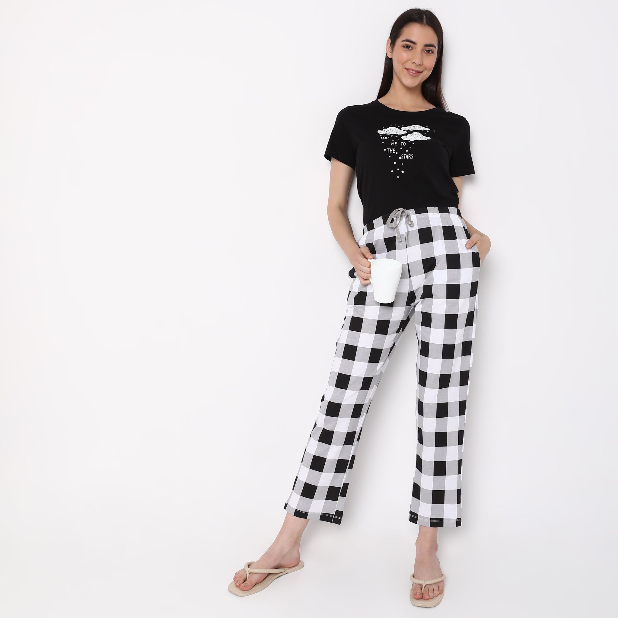 Women Wearing Regular Fit Checkered Mid Rise Pyjamas