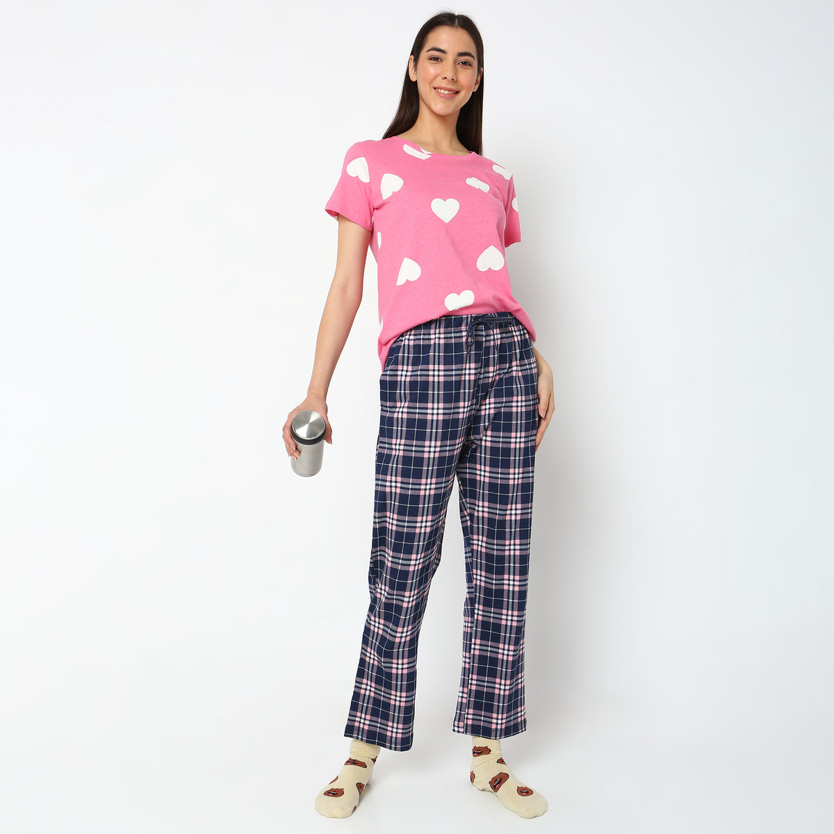 Women Wearing Regular Fit Checkered Mid Rise Pyjamas