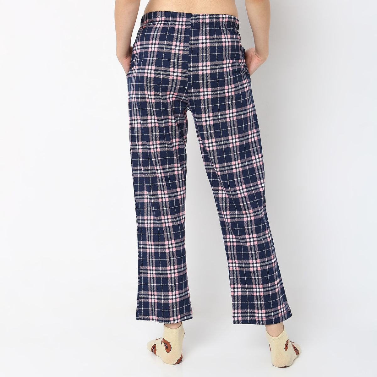 Women Wearing Regular Fit Checkered Mid Rise Pyjamas
