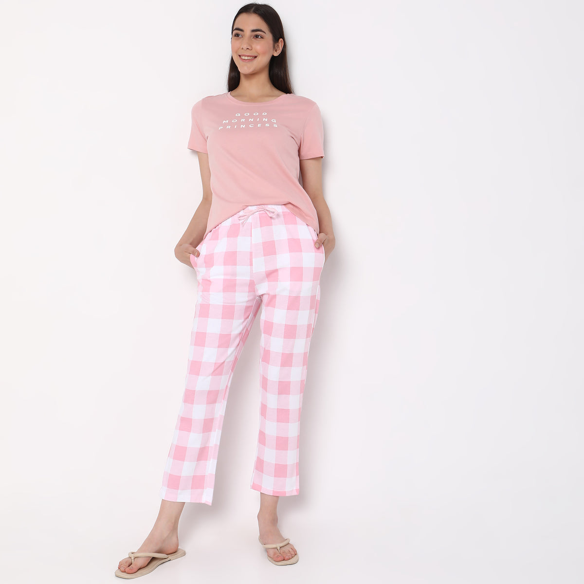 Women Wearing Regular Fit Checkered Mid Rise Pyjamas