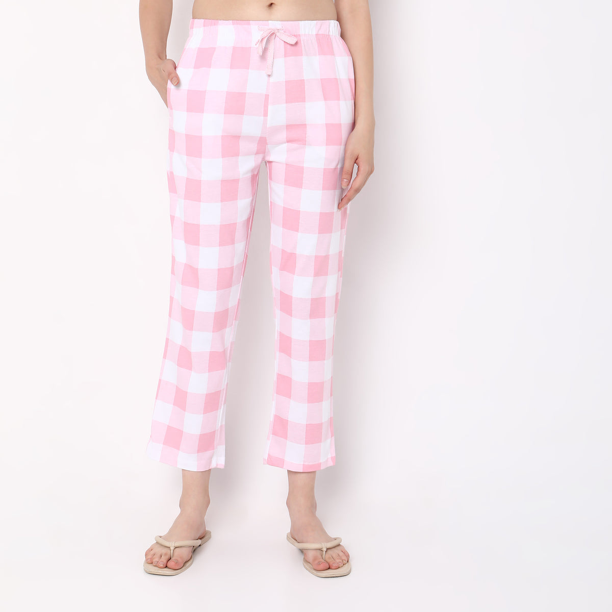 Women Wearing Regular Fit Checkered Mid Rise Pyjamas