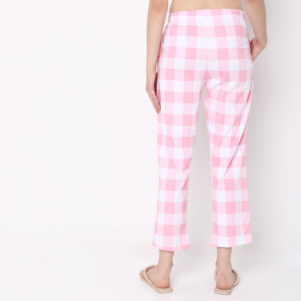 Women Wearing Regular Fit Checkered Mid Rise Pyjamas