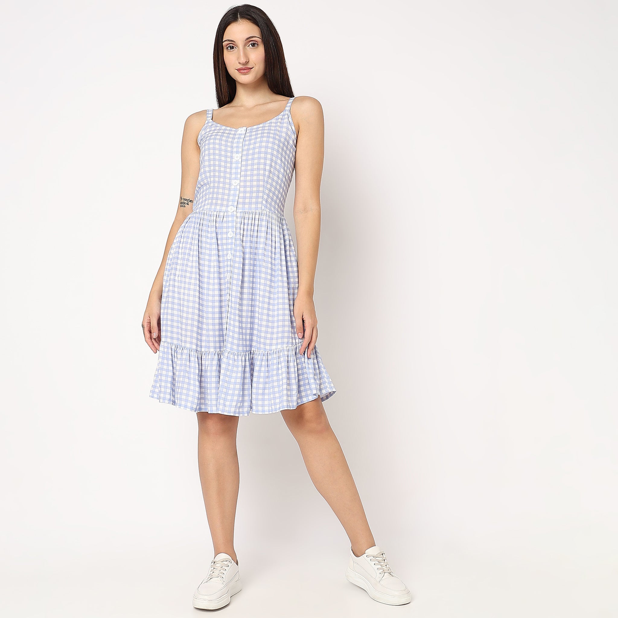 Women Wearing Flare Fit Checkered Dress