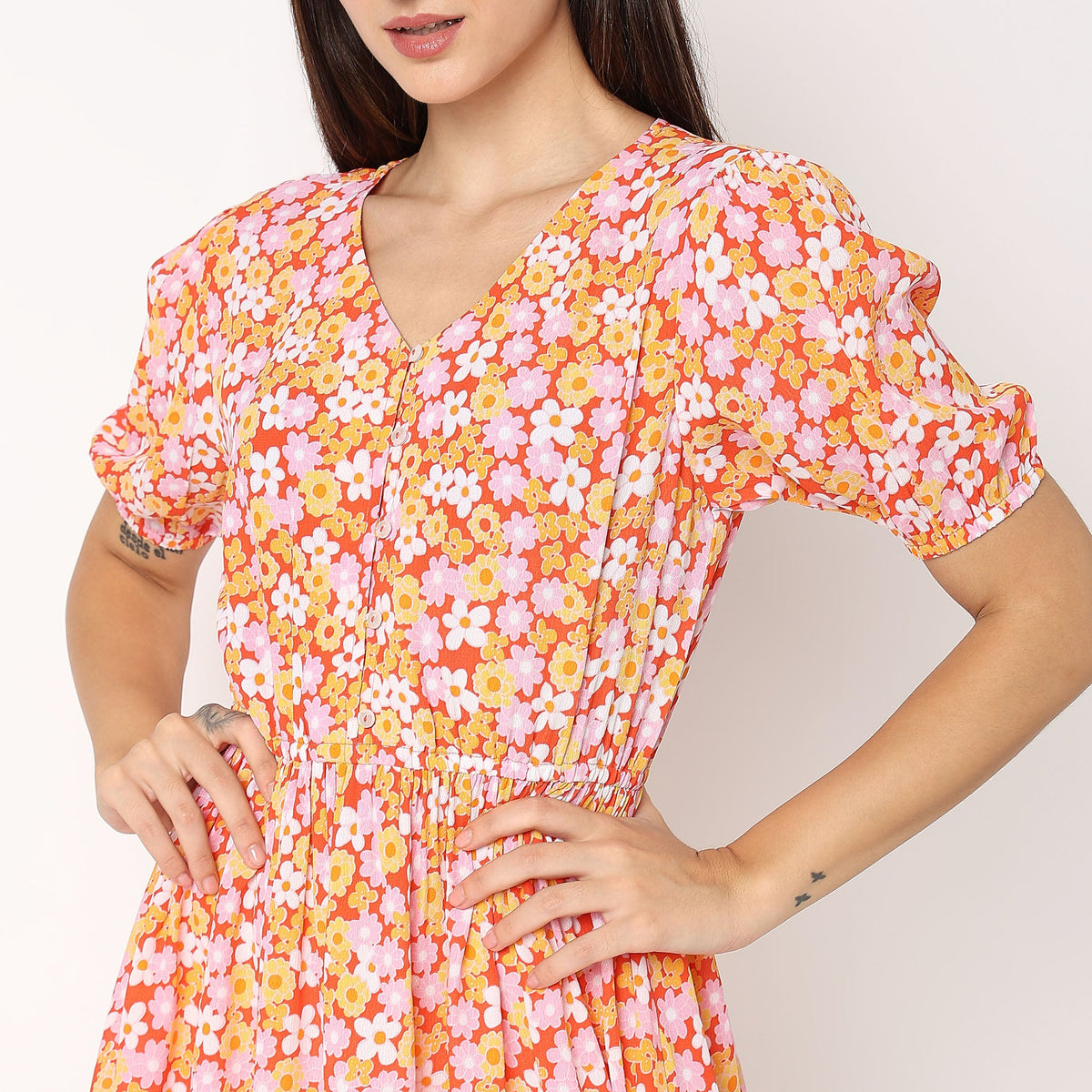 Women Wearing Flare Fit Floral Dress