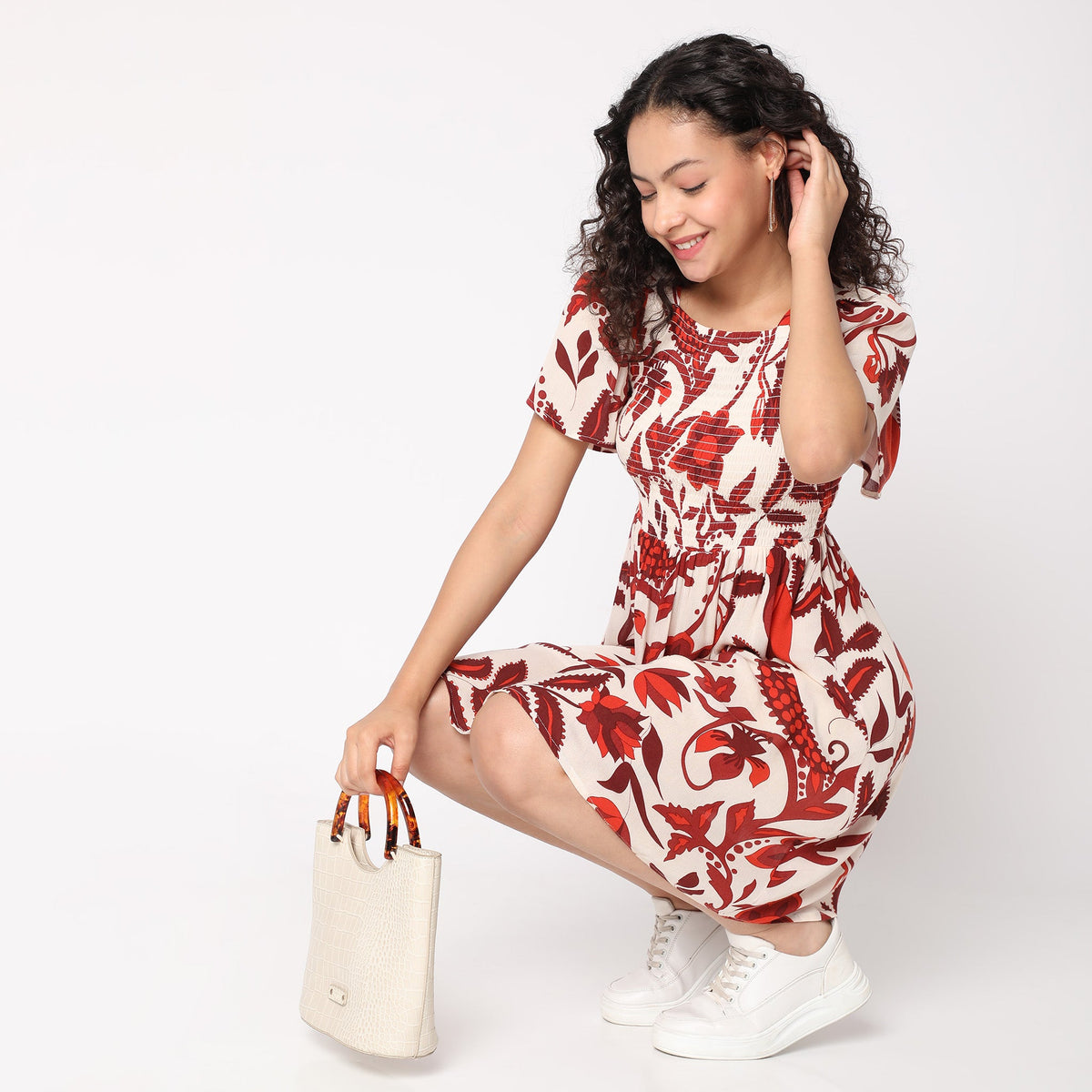 Women Wearing Flare Fit Printed Dress