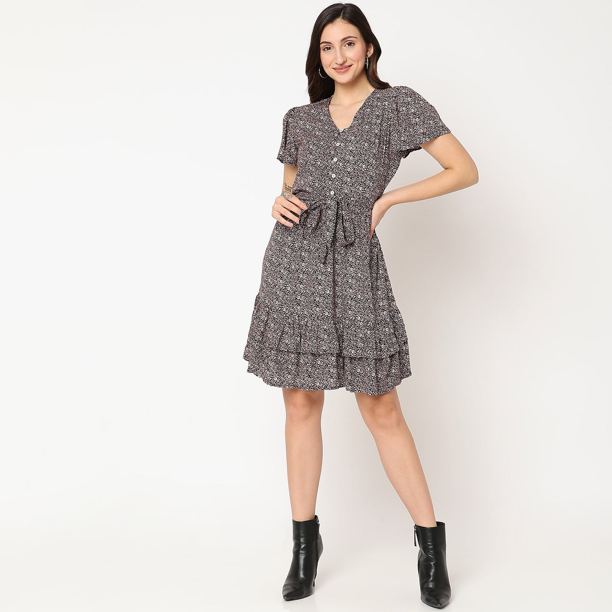 Women Wearing Flare Fit Printed Dress