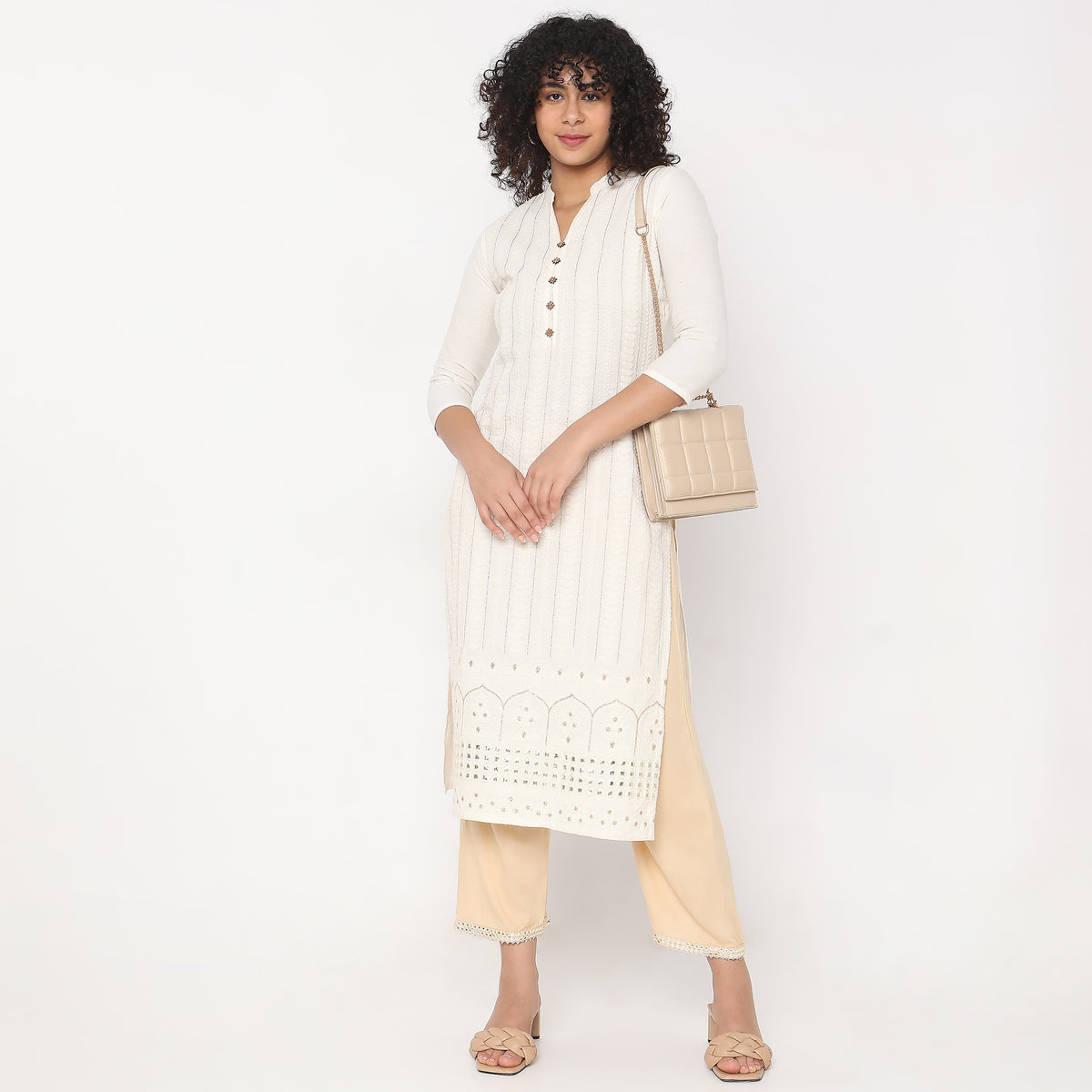 Straight Fit Solid Mid Rise Ethnic Pants