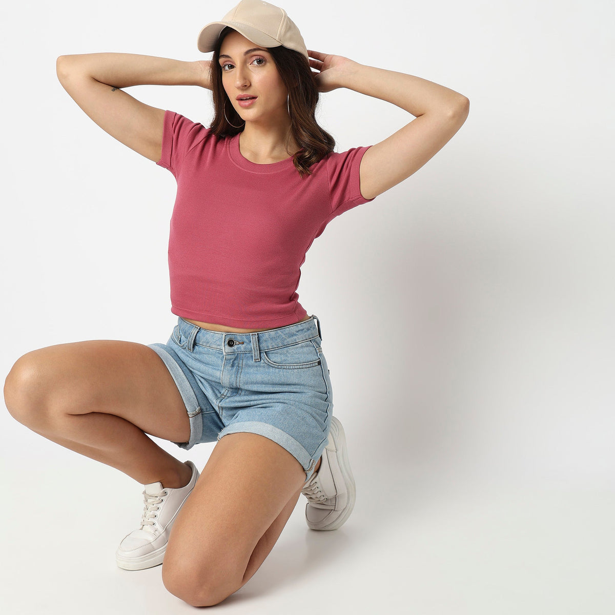 Women Wearing Regular Fit Solid T-Shirt