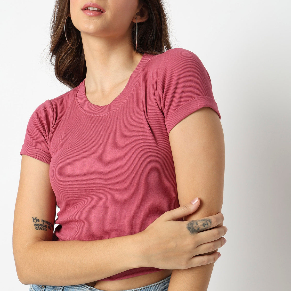 Women Wearing Regular Fit Solid T-Shirt