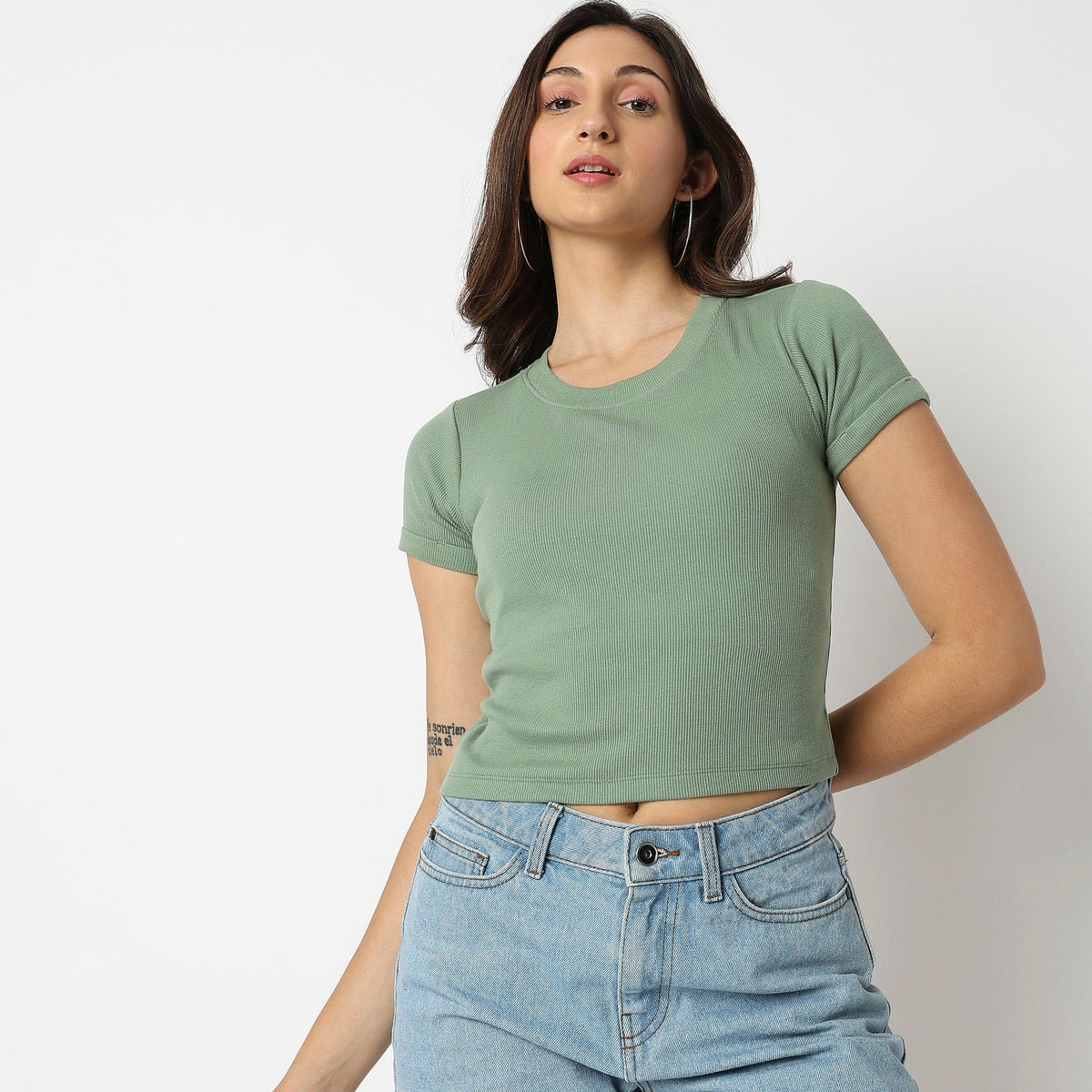 Women Wearing Regular Fit Solid T-Shirt