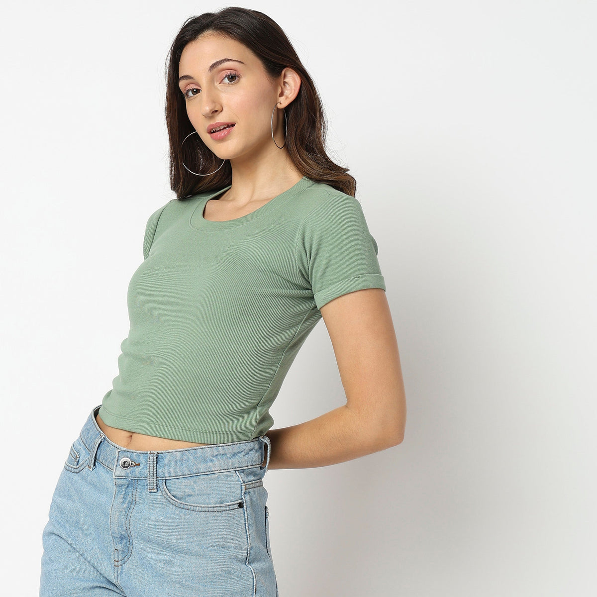 Women Wearing Regular Fit Solid T-Shirt