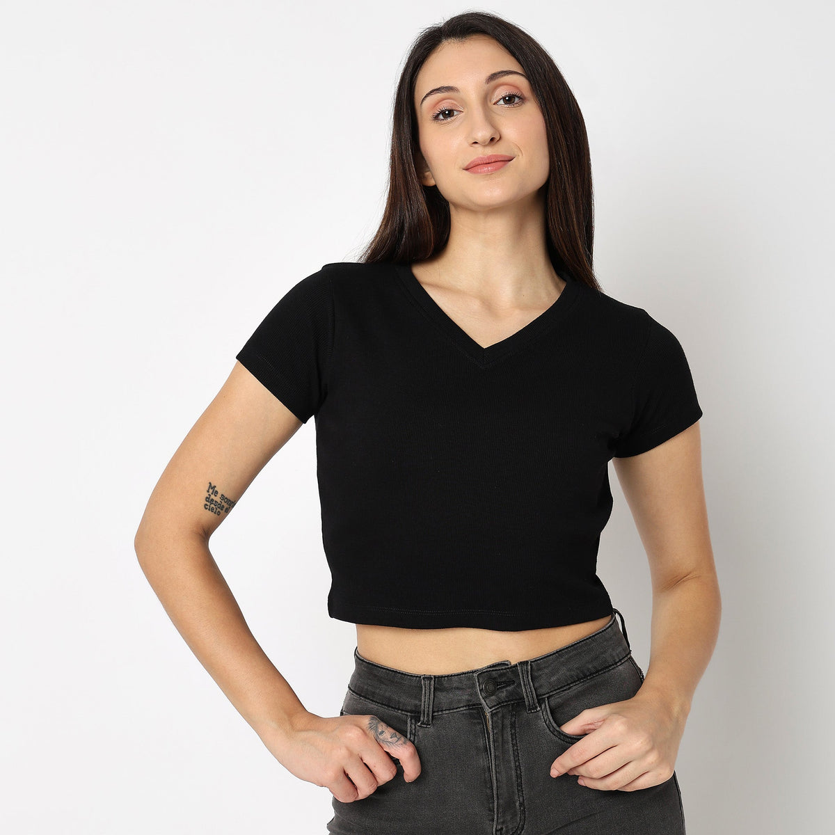 Women Wearing Slim Fit Solid T-Shirt