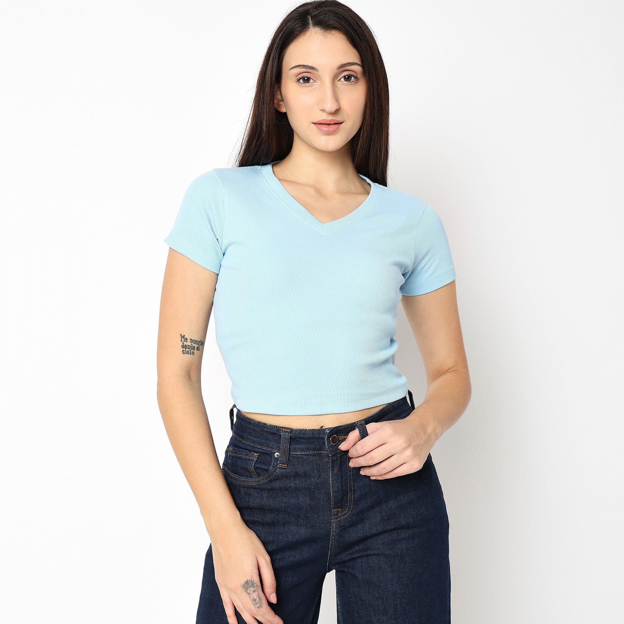 Women Wearing Slim Fit Solid T-Shirt