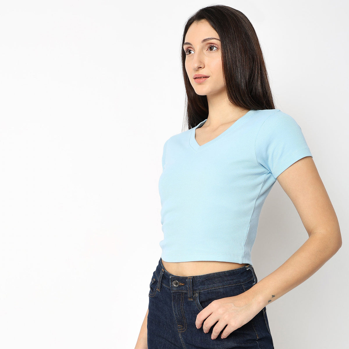 Women Wearing Slim Fit Solid T-Shirt