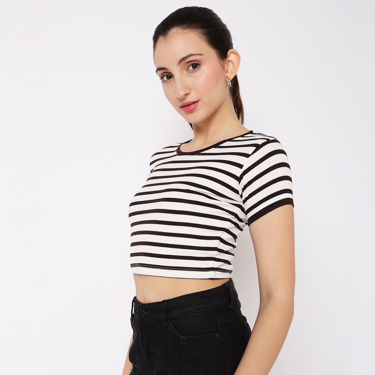 Women Wearing Slim Fit Striped T-Shirt