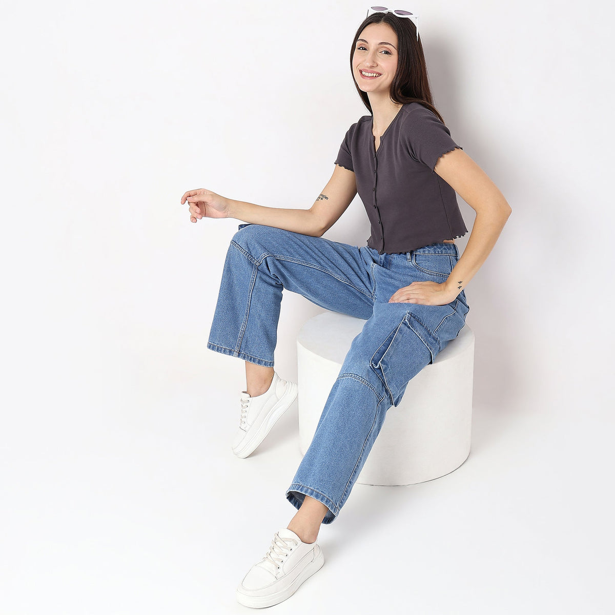 Women Wearing Relaxed Fit Solid T-Shirt