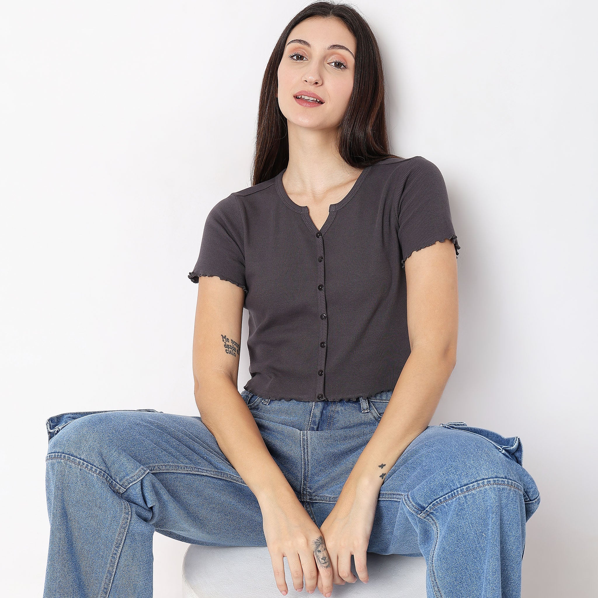 Women Wearing Relaxed Fit Solid T-Shirt