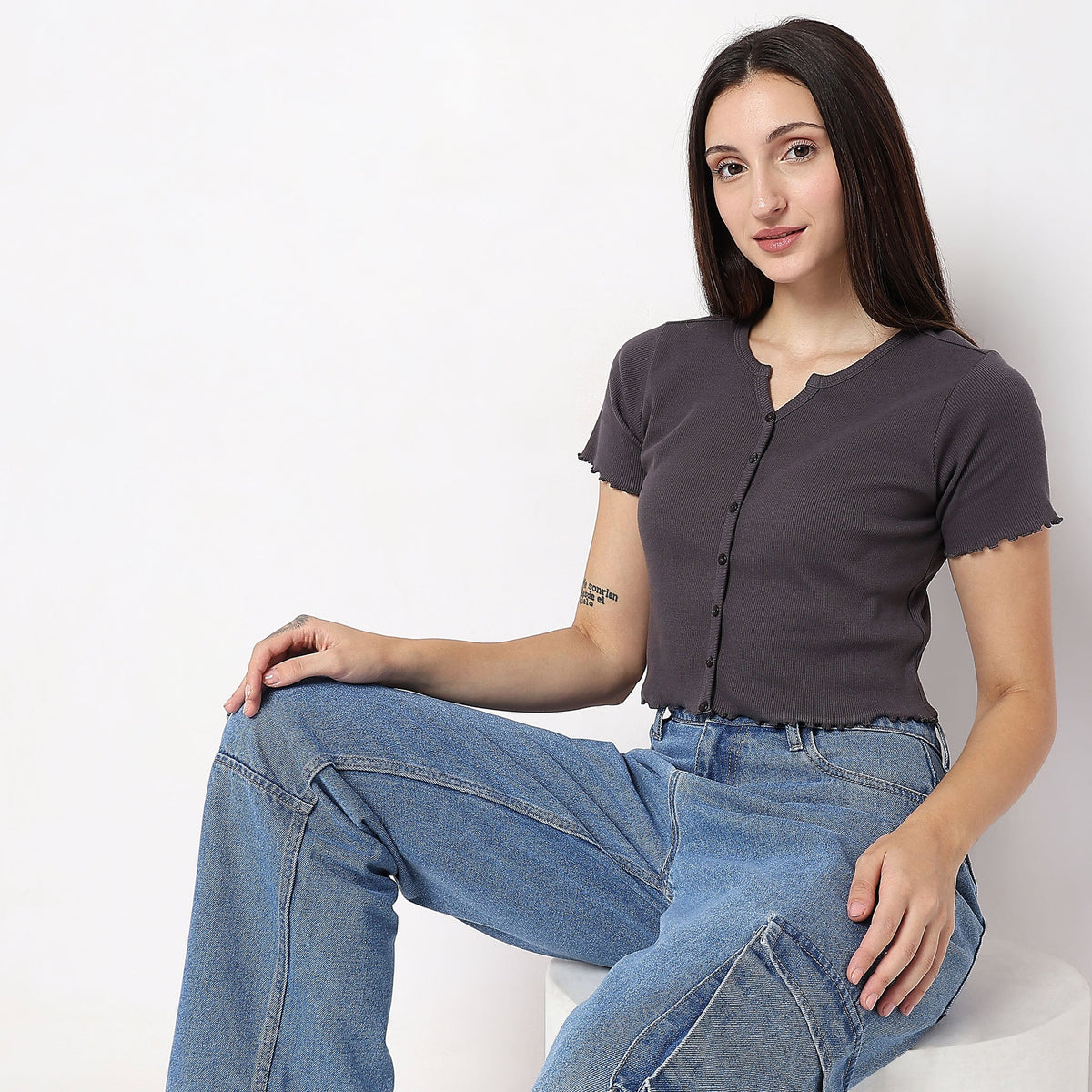 Women Wearing Relaxed Fit Solid T-Shirt