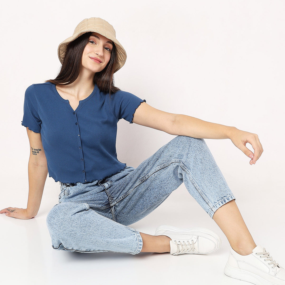 Women Wearing Relaxed Fit Solid T-Shirt