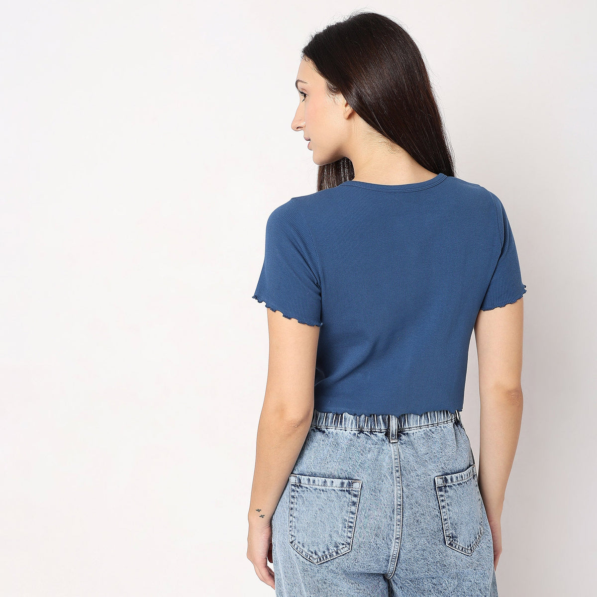 Women Wearing Relaxed Fit Solid T-Shirt