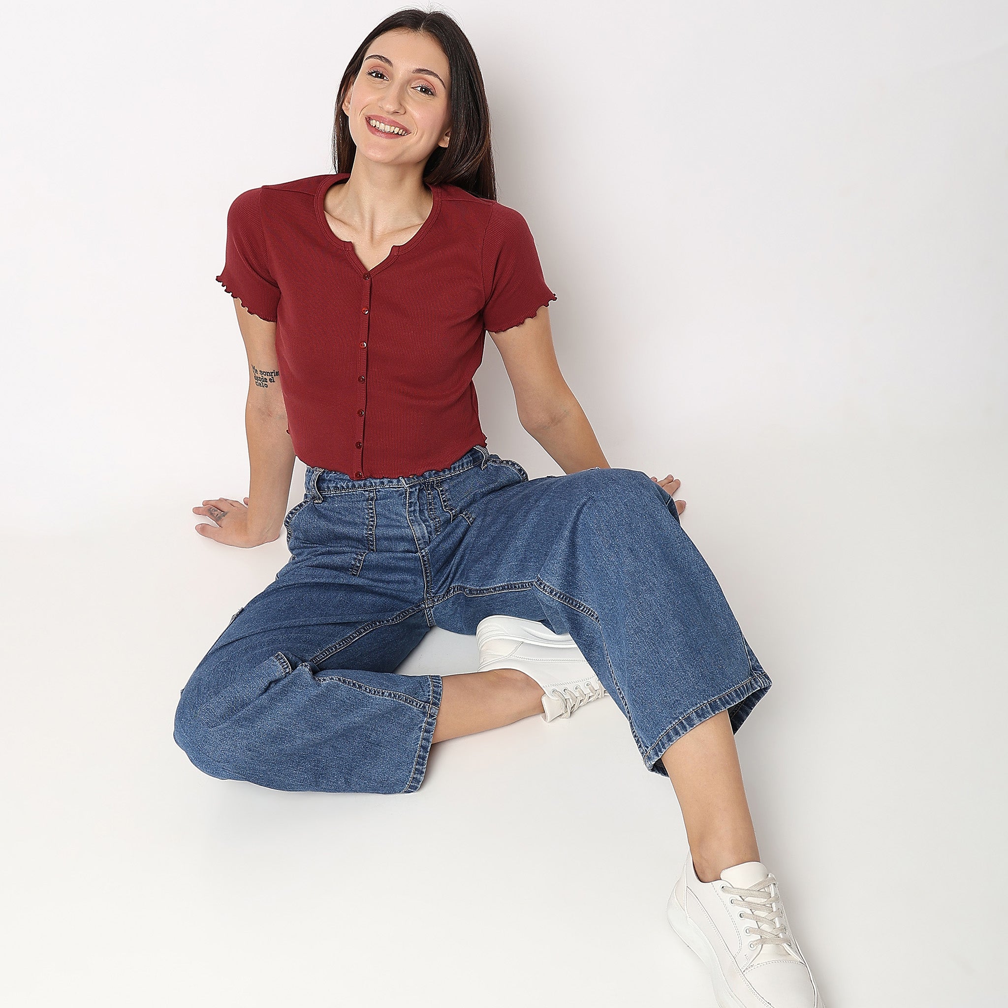 Women Wearing Relaxed Fit Solid T-Shirt