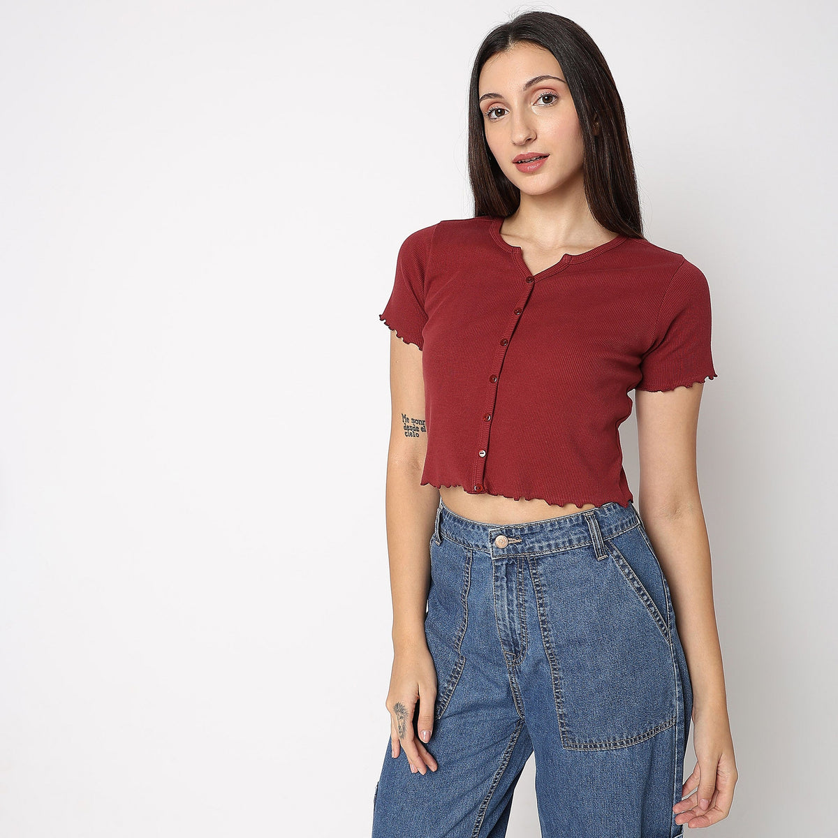 Women Wearing Relaxed Fit Solid T-Shirt